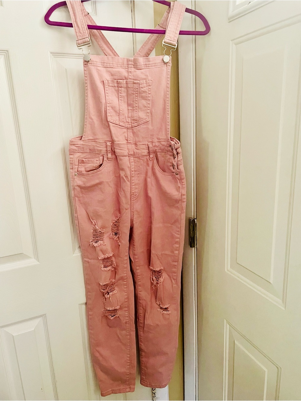 Women's Pink Distressed Denim Overalls